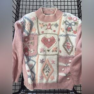 Vintage hand knitted Valentine grandma cottagecore sweater | sz S